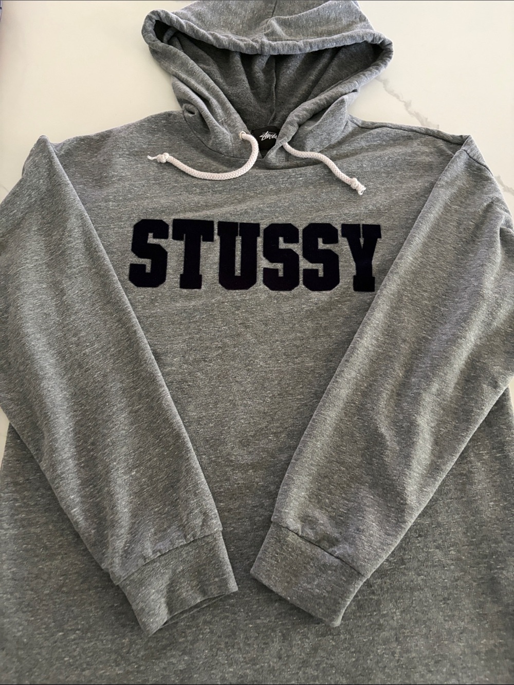 Stussy Gray Hoodie with Black Varsity Lettering small